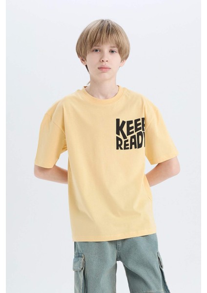 Erkek Çocuk Oversize Geniş Kalıp Bisiklet Yaka Baskılı Kısa Kollu Tişört B6165A825SM