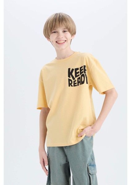 Erkek Çocuk Oversize Geniş Kalıp Bisiklet Yaka Baskılı Kısa Kollu Tişört B6165A825SM