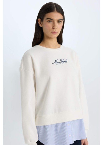 Relax Fit Bisiklet Yaka Baskılı Kalın Sweatshirt D9806AX24WN