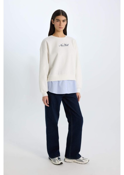 Relax Fit Bisiklet Yaka Baskılı Kalın Sweatshirt D9806AX24WN