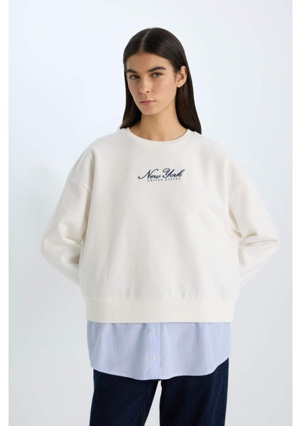 Relax Fit Bisiklet Yaka Baskılı Kalın Sweatshirt D9806AX24WN