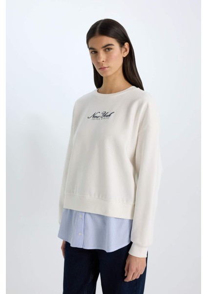 Relax Fit Bisiklet Yaka Baskılı Kalın Sweatshirt D9806AX24WN