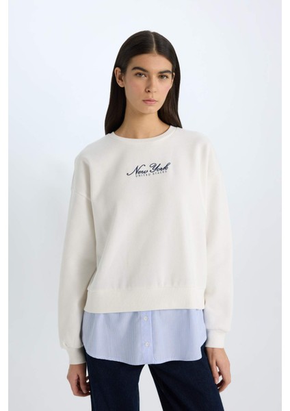 Relax Fit Bisiklet Yaka Baskılı Kalın Sweatshirt D9806AX24WN