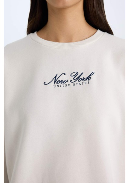 Relax Fit Bisiklet Yaka Baskılı Kalın Sweatshirt D9806AX24WN