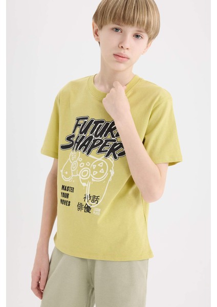 Erkek Çocuk Bisiklet Yaka Baskılı Kısa Kollu Tişört