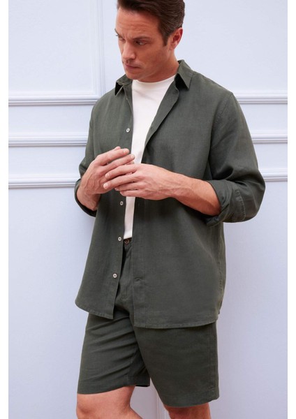 %100 Keten Regular Fit Polo Yaka Yazlık Uzun Kollu Gömlek D9925AX25SP