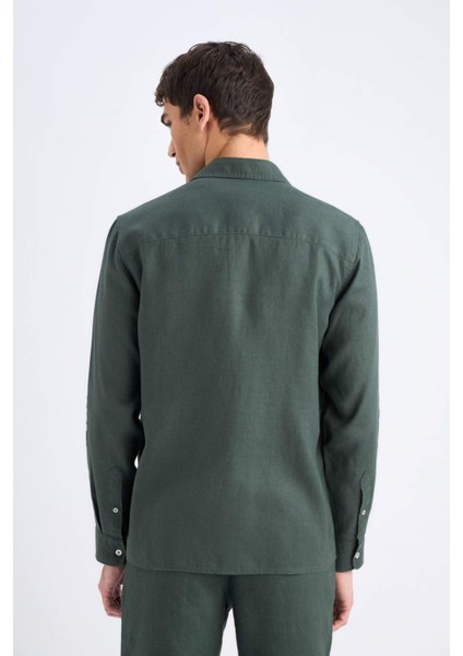 %100 Keten Regular Fit Polo Yaka Yazlık Uzun Kollu Gömlek D9925AX25SP