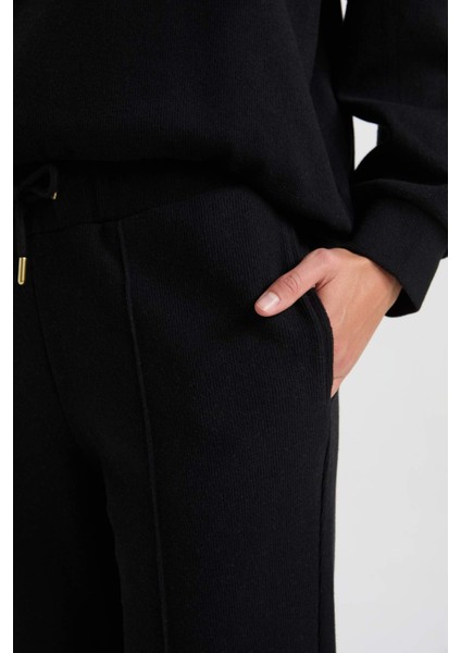 Pantolon Beli Lastikli Basic Düz Bağcıklı Cepli Paça Katlamalı Uzun Boy Siyah D9010AX24WN