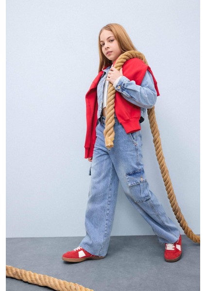 Kız Çocuk Wide Leg Kargo Geniş Bol Paça Pamuklu Jean Pantolon D7089a825sp