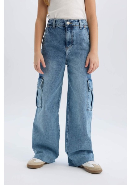Kız Çocuk Wide Leg Kargo Geniş Bol Paça Pamuklu Jean Pantolon D7089a825sp