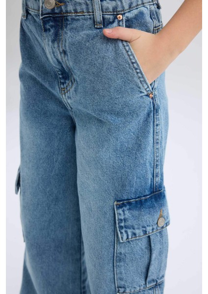 Kız Çocuk Wide Leg Kargo Geniş Bol Paça Pamuklu Jean Pantolon D7089a825sp