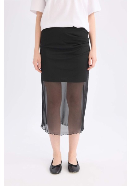 Kalem Normal Bel Drapeli Astarlı Tül Midi Etek D8744AX24AU