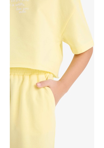 Kız Çocuk 2'li Takım Bisiklet Yaka Baskılı Kısa Kollu Tişört Beli Paçası Lastikli Eşofman Altı Z8983A625SM