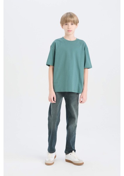 Erkek Çocuk Oversize Geniş Kalıp Bisiklet Yaka Basic Düz Kısa Kollu Tişört B5927A825SM