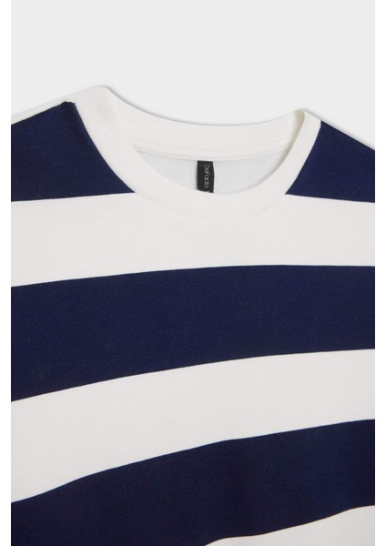 Relax Fit Bisiklet Yaka Çizgili Kalın Sweatshirt A1883AX24AU