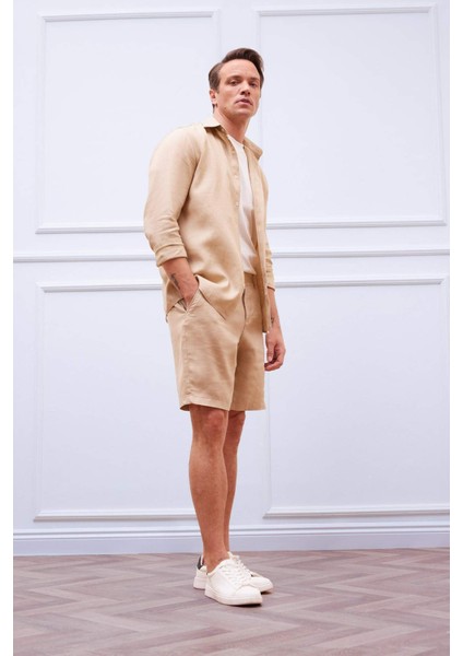 %100 Keten Regular Fit Yazlık Bermuda Şort