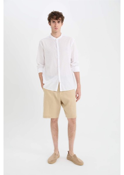 %100 Keten Regular Fit Yazlık Bermuda Şort