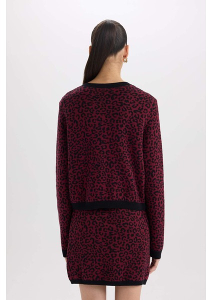 Regular Fit Bisiklet Yaka Leopar Desenli Düğmeli Triko Hırka D8510AX24WN