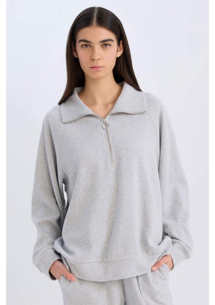 Regular Fit Yarım Fermuarlı Dik Yaka Basic Düz Sweatshirt D9009AX24WN