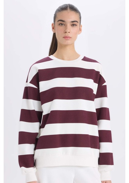 Relax Fit Bisiklet Yaka Çizgili Kalın Sweatshirt A1883AX24AU