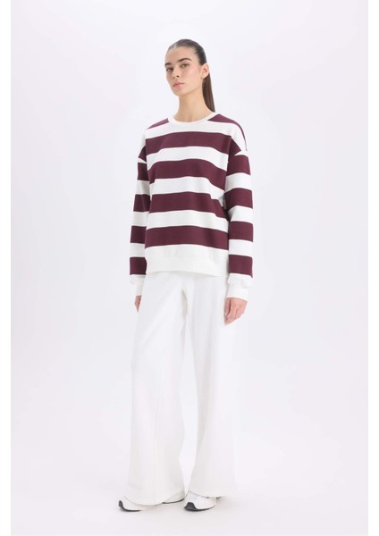 Relax Fit Bisiklet Yaka Çizgili Kalın Sweatshirt A1883AX24AU