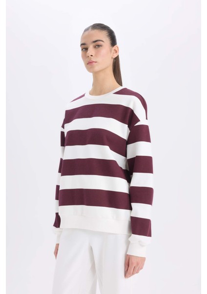 Relax Fit Bisiklet Yaka Çizgili Kalın Sweatshirt A1883AX24AU