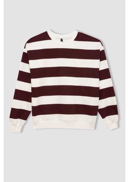Relax Fit Bisiklet Yaka Çizgili Kalın Sweatshirt A1883AX24AU