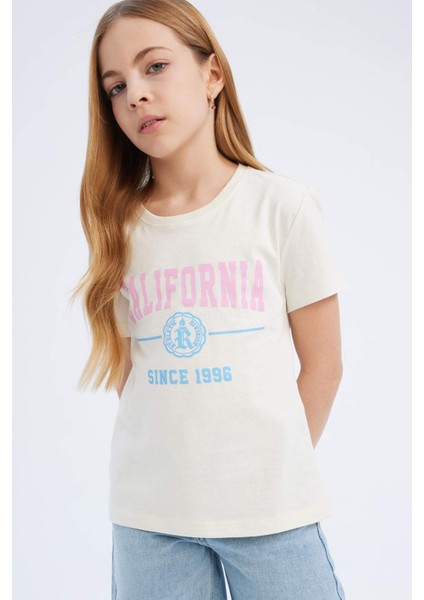 Kız Çocuk Bisiklet Yaka Baskılı Kısa Kollu Tişört D8541A825SM