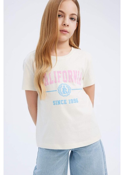 Kız Çocuk Bisiklet Yaka Baskılı Kısa Kollu Tişört D8541A825SM