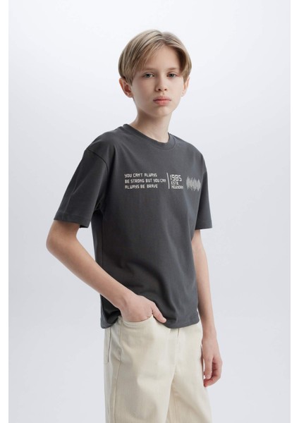 Erkek Çocuk Oversize Geniş Kalıp Bisiklet Yaka Baskılı Kısa Kollu Tişört B6165A825SM