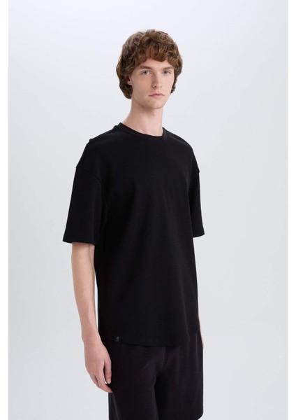 Boxy Fit Bisiklet Yaka Kısa Kollu Basic Düz Waffle Siyah Tişört B4443AX25SP
