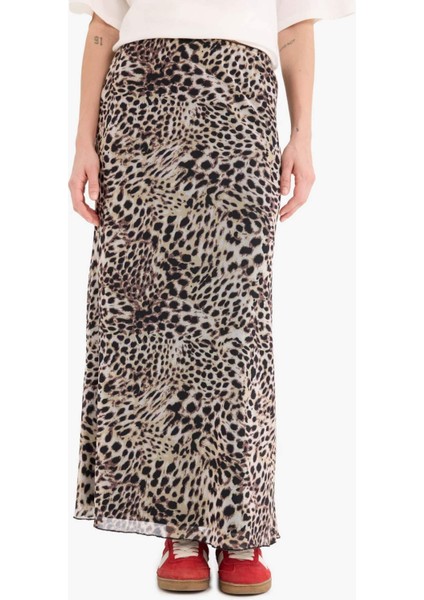 Coool A Kesim Leopar Desenli Yüksek Bel Penye Astar Tül Maxi Etek D7077AX25SP