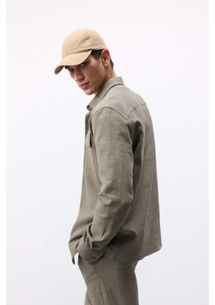 %100 Pamuk Regular Fit Polo Yaka Uzun Kollu Keten Görünümlü Gömlek D6149AX25SP