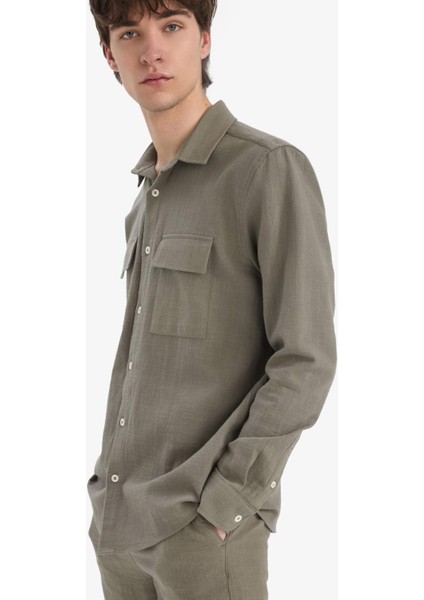 %100 Pamuk Regular Fit Polo Yaka Uzun Kollu Keten Görünümlü Gömlek D6149AX25SP