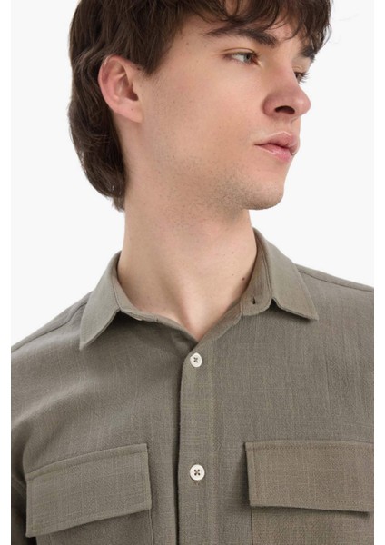 %100 Pamuk Regular Fit Polo Yaka Uzun Kollu Keten Görünümlü Gömlek D6149AX25SP