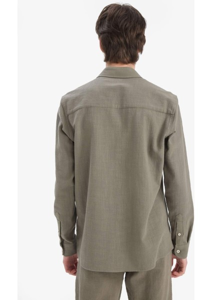 %100 Pamuk Regular Fit Polo Yaka Uzun Kollu Keten Görünümlü Gömlek D6149AX25SP