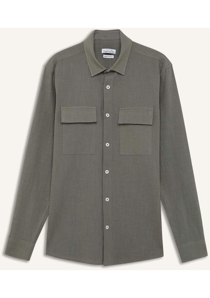 %100 Pamuk Regular Fit Polo Yaka Uzun Kollu Keten Görünümlü Gömlek D6149AX25SP