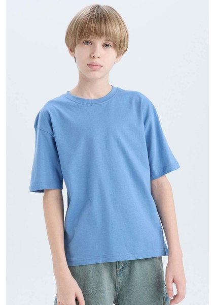 Erkek Çocuk Oversize Geniş Kalıp Bisiklet Yaka Basic Düz Kısa Kollu Tişört B5927A825SM