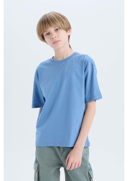 Erkek Çocuk Oversize Geniş Kalıp Bisiklet Yaka Basic Düz Kısa Kollu Tişört B5927A825SM