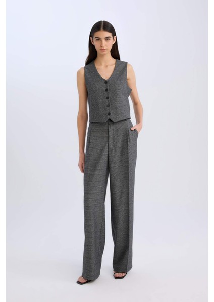 V Yaka Kareli Düğmeli Blazer Yelek D8634AX24AU