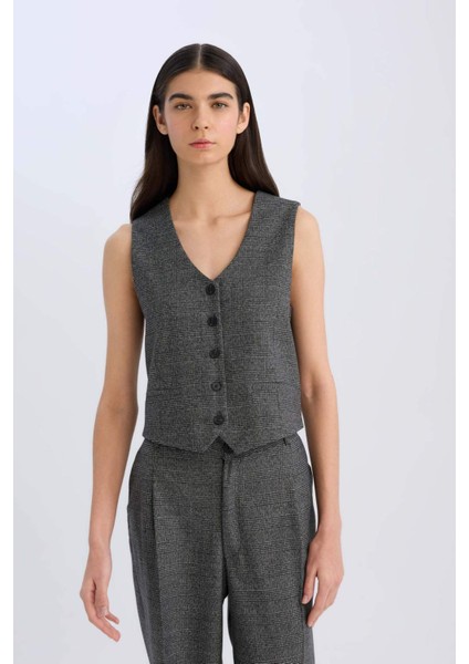 V Yaka Kareli Düğmeli Blazer Yelek D8634AX24AU