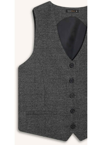 V Yaka Kareli Düğmeli Blazer Yelek D8634AX24AU