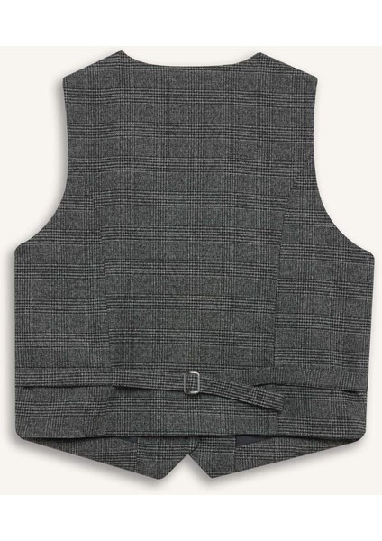 V Yaka Kareli Düğmeli Blazer Yelek D8634AX24AU