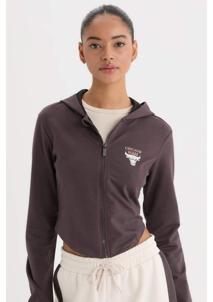 Fit NBA Chicago Bulls Slim Fit Dar Kesim Kapüşonlu Forma Kumaşı Fermuarlı Hırka D6137AX25SP