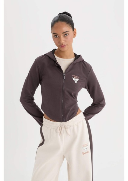 Fit NBA Chicago Bulls Slim Fit Dar Kesim Kapüşonlu Forma Kumaşı Fermuarlı Hırka D6137AX25SP