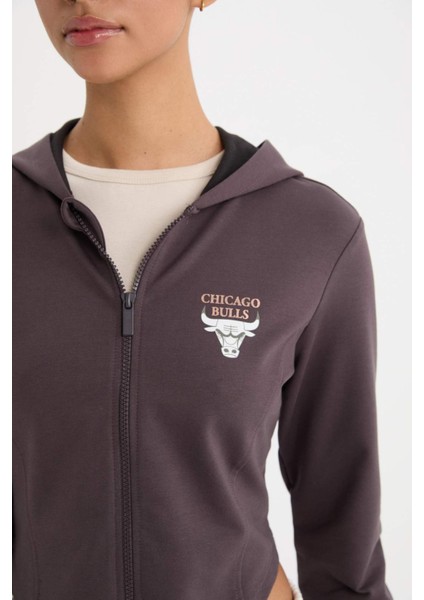 Fit NBA Chicago Bulls Slim Fit Dar Kesim Kapüşonlu Forma Kumaşı Fermuarlı Hırka D6137AX25SP