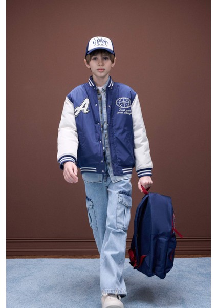 Erkek Çocuk Kolej Yaka Sırt Baskılı Çıtçıtlı Bomber Mont D5901A825SP