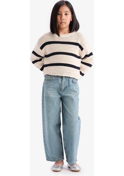 Kız Çocuk Bisiklet Yaka Çizgili Ajurlu Çizgili Triko Kazak D9215A825SP