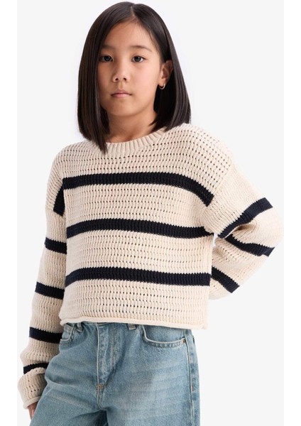 Kız Çocuk Bisiklet Yaka Çizgili Ajurlu Çizgili Triko Kazak D9215A825SP