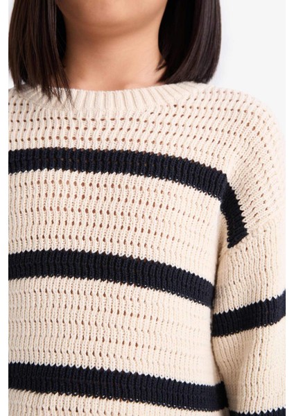 Kız Çocuk Bisiklet Yaka Çizgili Ajurlu Çizgili Triko Kazak D9215A825SP